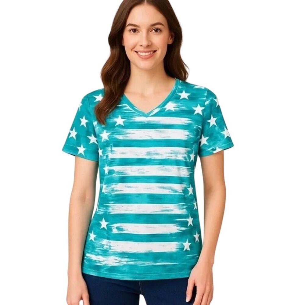 d&co. DENIM + COMPANY V-neck Stars Stripes Short Sleeve Tee T-Shirt NIB Small
